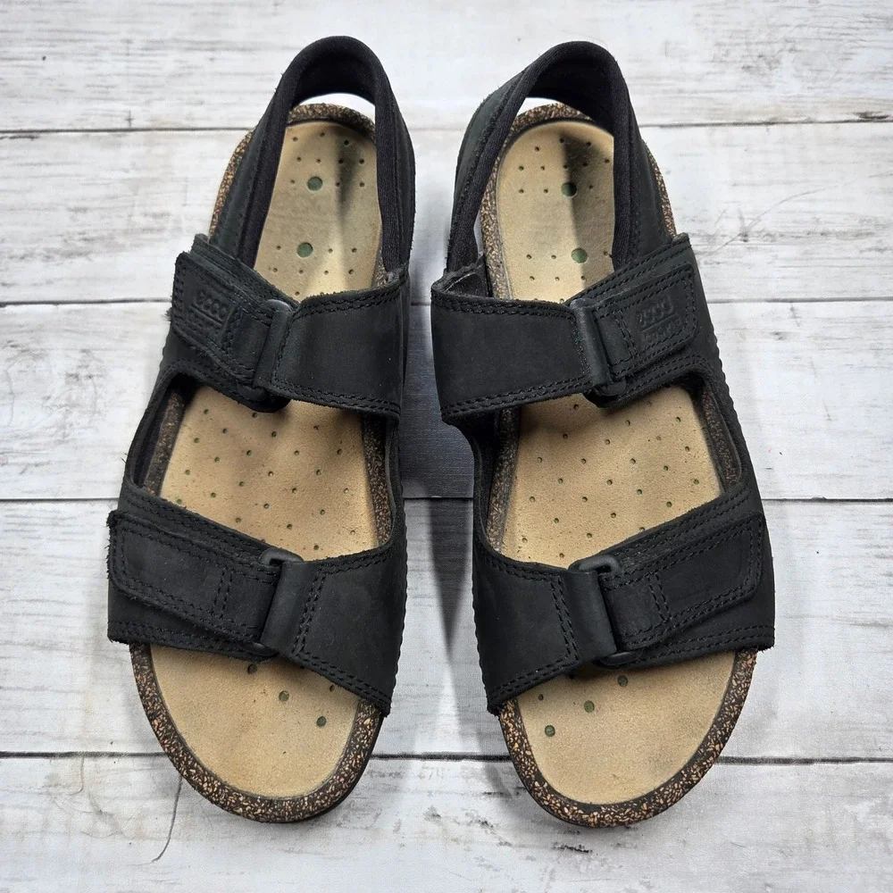 ECCO Cozmo Slide Sandal Women 40 Black Nubuck Leather Adjustable Straps Cork